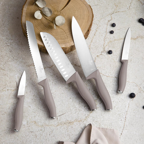 BerlingerHaus Set de cuchillos con tira magnética de madera de acacia taupe - 6 piezas - Cuchillo de chef, cuchillo de pan, cuchillo santoku, cuchillo de oficina y cuchillo pelador