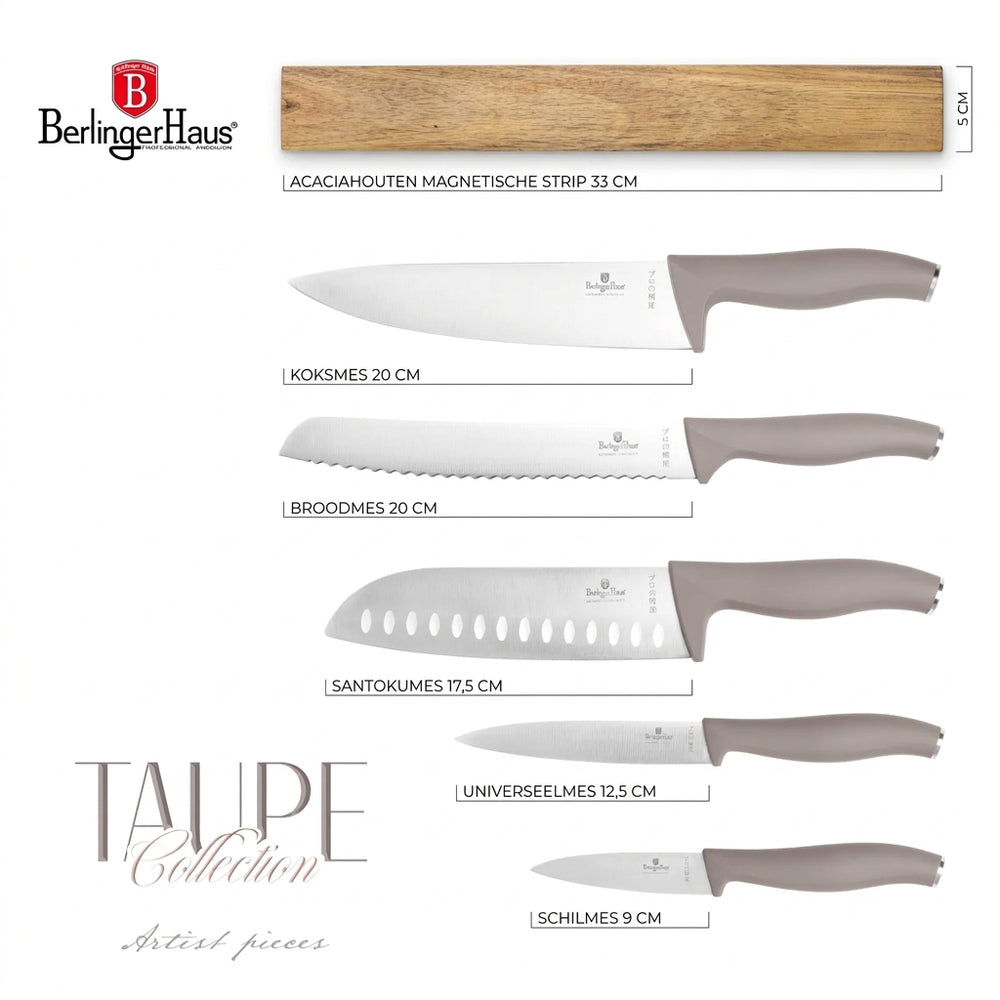 BerlingerHaus Set de cuchillos con tira magnética de madera de acacia taupe - 6 piezas - Cuchillo de chef, cuchillo de pan, cuchillo santoku, cuchillo de oficina y cuchillo pelador