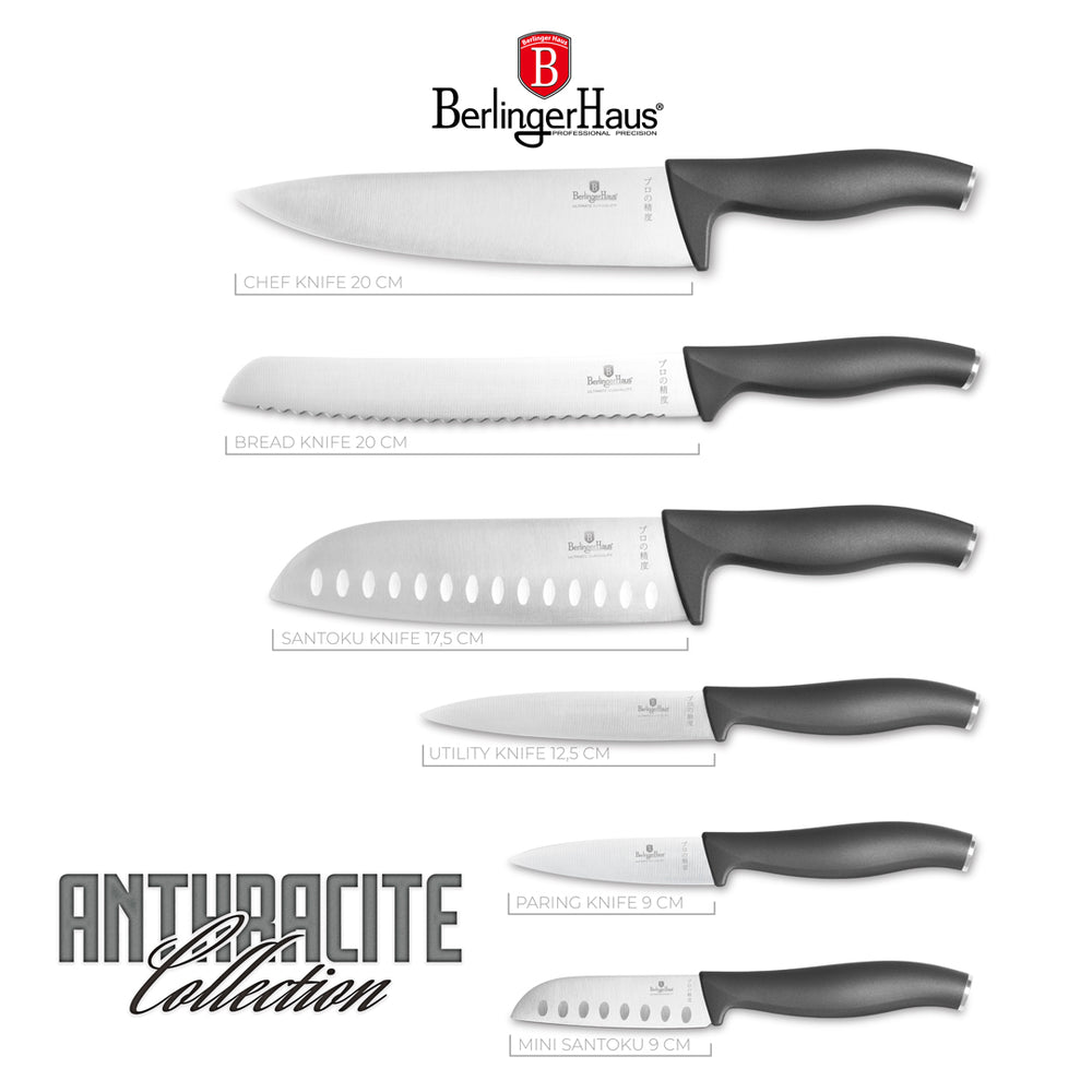 BerlingerHaus Set de Cuchillos Matte Antracita 6 Piezas - Cuchillo de Chef, Cuchillo de Pan, Santoku, Cuchillo de Oficina, Cuchillo de Pelar & Mini Santoku
