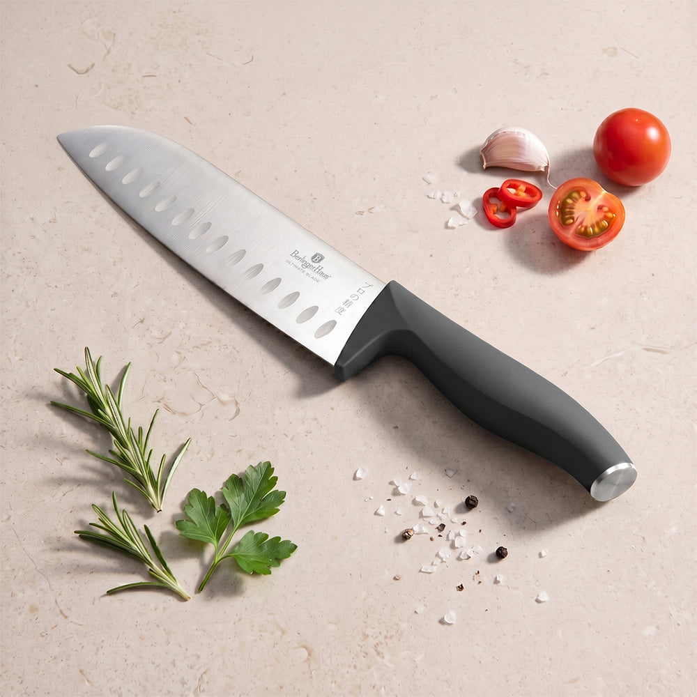 BerlingerHaus Set de Cuchillos Matte Antracita 6 Piezas - Cuchillo de Chef, Cuchillo de Pan, Santoku, Cuchillo de Oficina, Cuchillo de Pelar & Mini Santoku