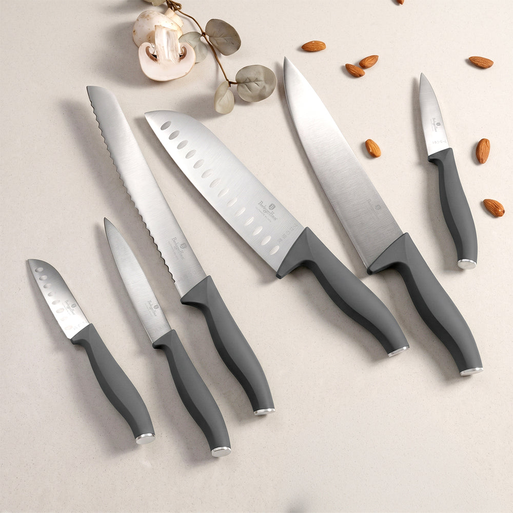 BerlingerHaus Set de Cuchillos Matte Antracita 6 Piezas - Cuchillo de Chef, Cuchillo de Pan, Santoku, Cuchillo de Oficina, Cuchillo de Pelar & Mini Santoku