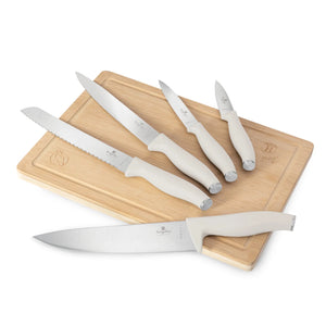 BerlingerHaus Set de Cuchillos con Tabla de Cortar Mate Crema 6 piezas - Cuchillo de Chef, Cuchillo de Pan, Cuchillo de Carne, Cuchillo de Oficina & Cuchillo Pelador