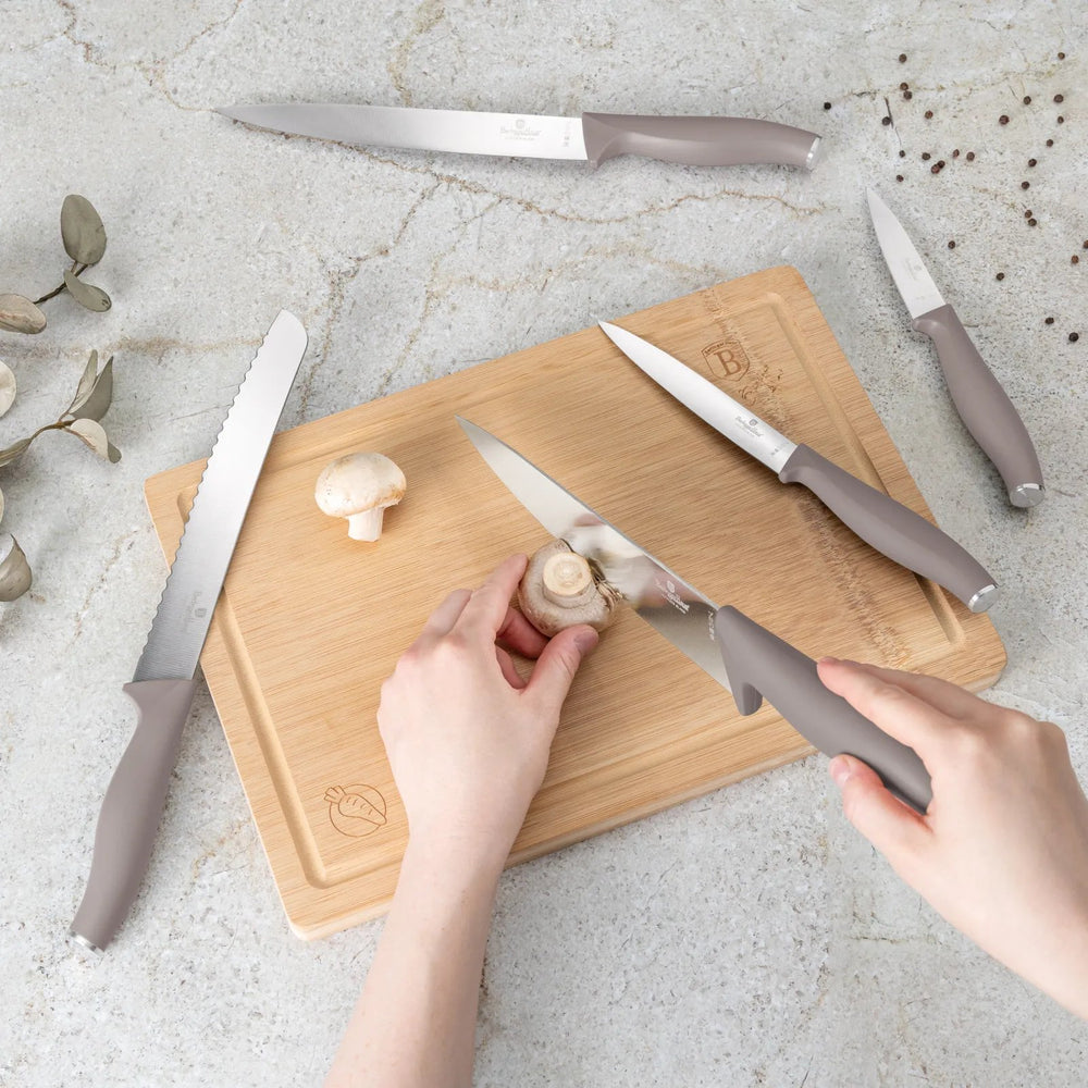 BerlingerHaus Juego de Cuchillos con Tabla de Cortar Taupe 6 piezas - Cuchillo de Chef, Cuchillo de Pan, Cuchillo de Carne, Cuchillo de Oficina & Cuchillo Pelador