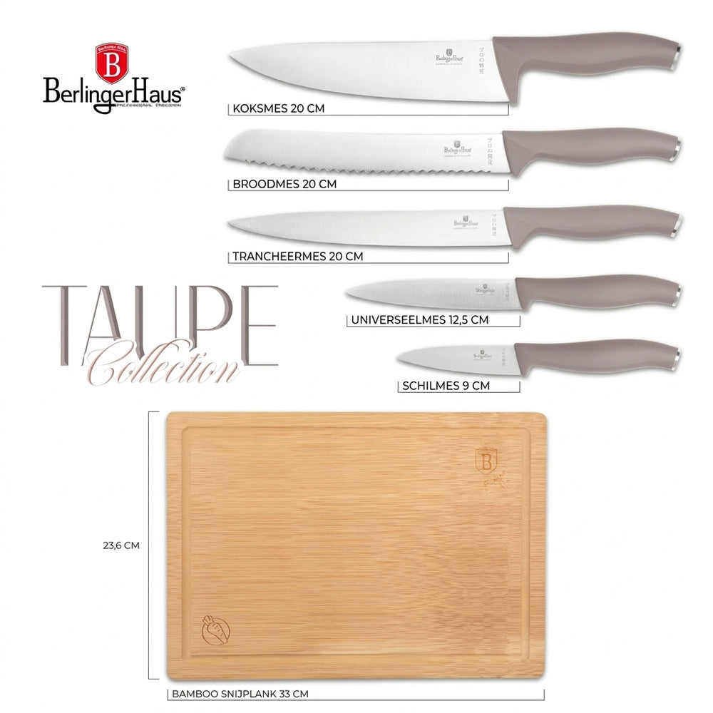 BerlingerHaus Juego de Cuchillos con Tabla de Cortar Taupe 6 piezas - Cuchillo de Chef, Cuchillo de Pan, Cuchillo de Carne, Cuchillo de Oficina & Cuchillo Pelador