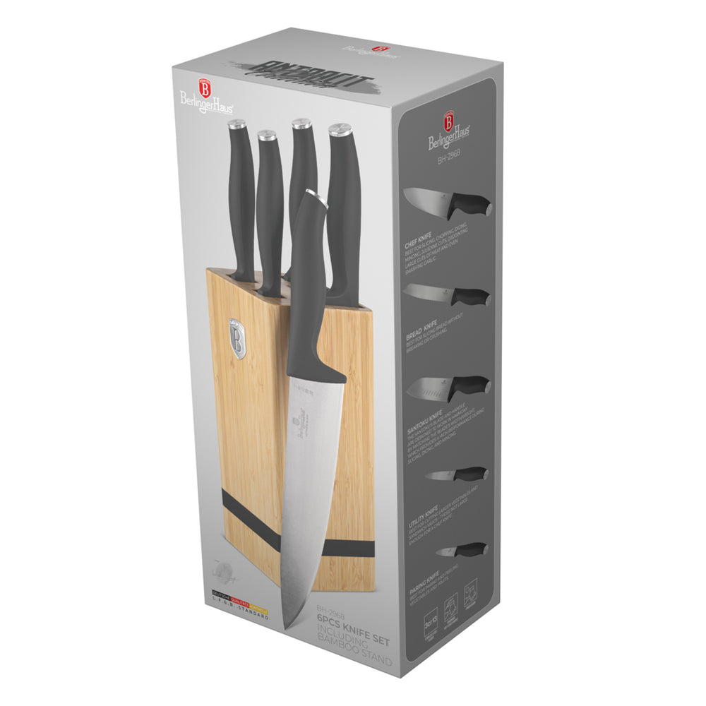 BerlingerHaus Bloque de Cuchillos Mate Antracita 6 Piezas - Cuchillo de Chef, Cuchillo de Pan, Santoku, Cuchillo de Oficina y Cuchillo Pelador