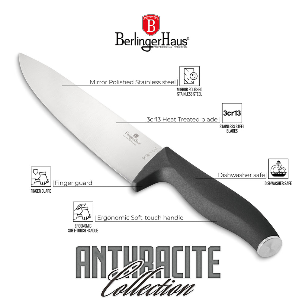 BerlingerHaus Bloque de Cuchillos Mate Antracita 6 Piezas - Cuchillo de Chef, Cuchillo de Pan, Santoku, Cuchillo de Oficina y Cuchillo Pelador