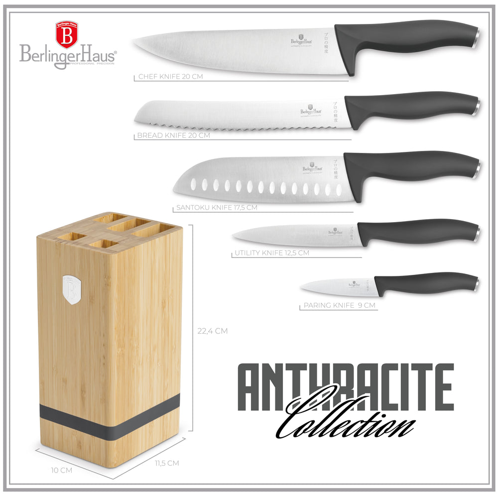 BerlingerHaus Bloque de Cuchillos Mate Antracita 6 Piezas - Cuchillo de Chef, Cuchillo de Pan, Santoku, Cuchillo de Oficina y Cuchillo Pelador