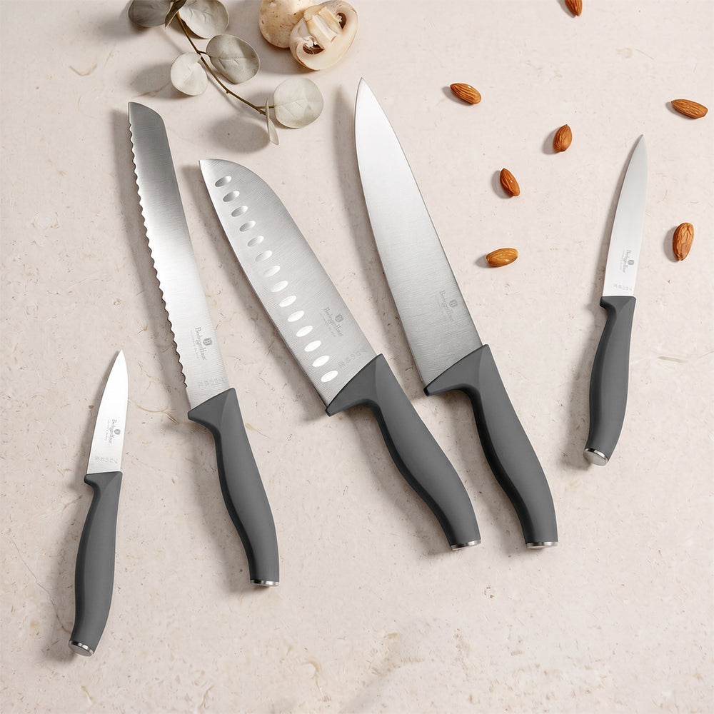 BerlingerHaus Bloque de Cuchillos Mate Antracita 6 Piezas - Cuchillo de Chef, Cuchillo de Pan, Santoku, Cuchillo de Oficina y Cuchillo Pelador