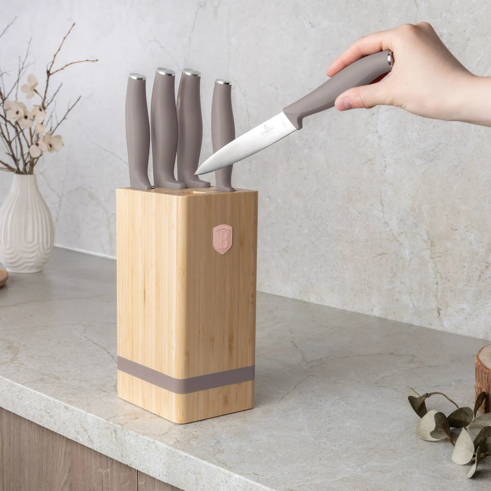 BerlingerHaus Bloque de cuchillos Taupe 6 piezas - Cuchillo de chef, Cuchillo de pan, Cuchillo Santoku, Cuchillo de oficina & Cuchillo pelador