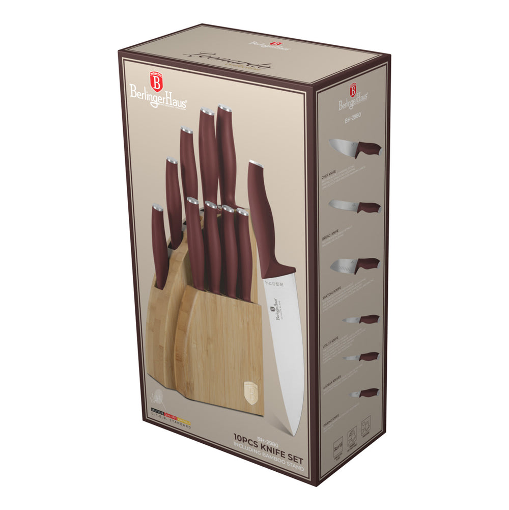 BerlingerHaus Bloque de cuchillos Mate Burdeos 10 piezas - Cuchillo de chef, Cuchillo de pan, Cuchillo Santoku, Cuchillo de oficina, Cuchillo pelador y 4 cuchillos de steak