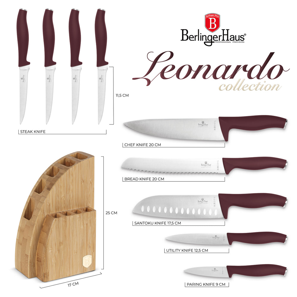 BerlingerHaus Bloque de cuchillos Mate Burdeos 10 piezas - Cuchillo de chef, Cuchillo de pan, Cuchillo Santoku, Cuchillo de oficina, Cuchillo pelador y 4 cuchillos de steak
