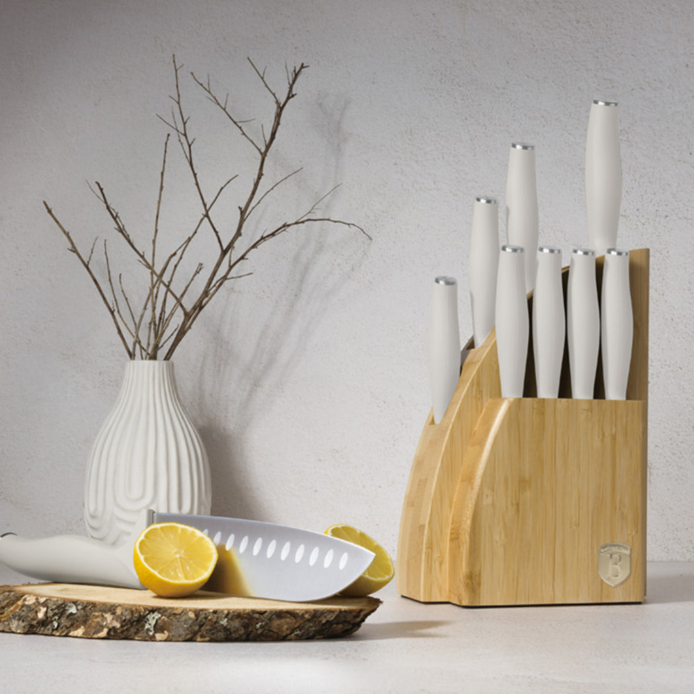 BerlingerHaus Bloque de Cuchillos Mate Crema 10 Piezas - Cuchillo de Chef, Cuchillo de Pan, Cuchillo Santoku, Cuchillo de Oficina, Cuchillo Pelador & 4 Cuchillos de Carne