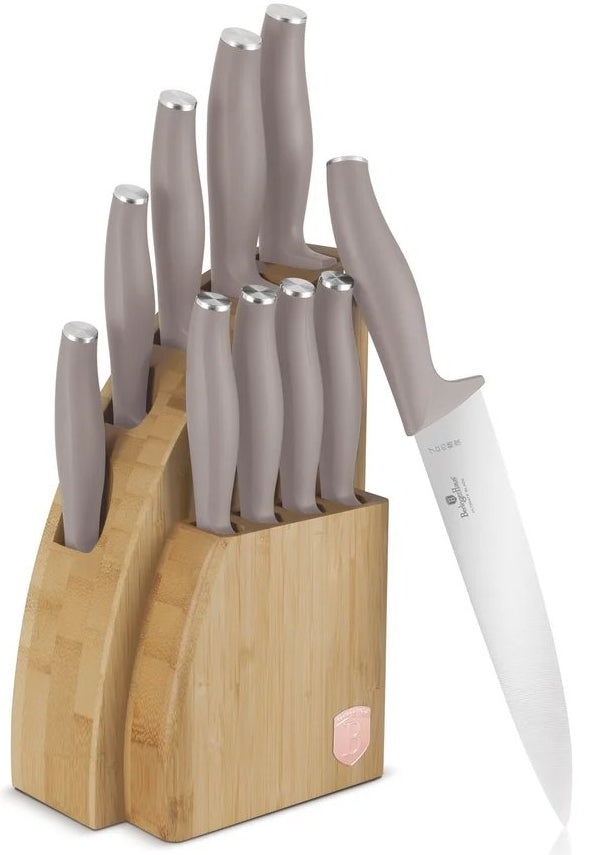 BerlingerHaus Bloque de cuchillos Taupe 10 piezas - Cuchillo de chef, Cuchillo de pan, Cuchillo Santoku, Cuchillo de oficina, Cuchillo pelador & 4 cuchillos de steak