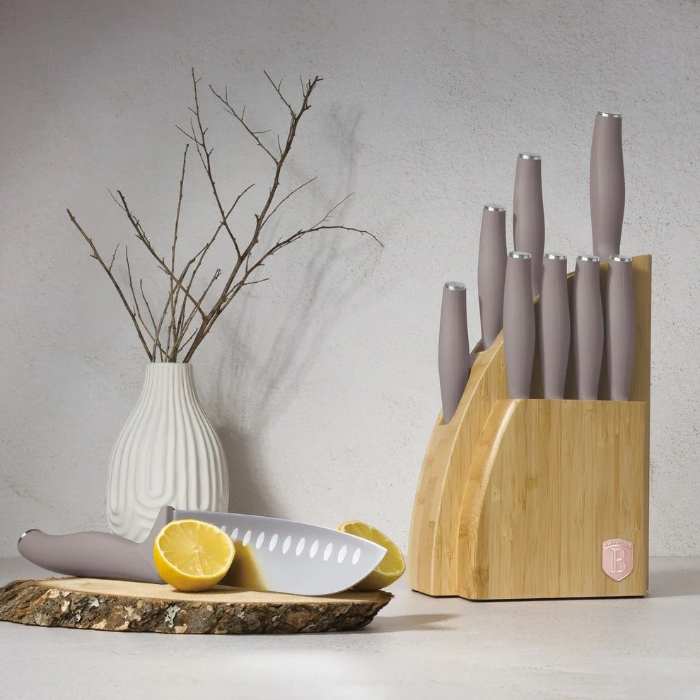 BerlingerHaus Bloque de cuchillos Taupe 10 piezas - Cuchillo de chef, Cuchillo de pan, Cuchillo Santoku, Cuchillo de oficina, Cuchillo pelador & 4 cuchillos de steak