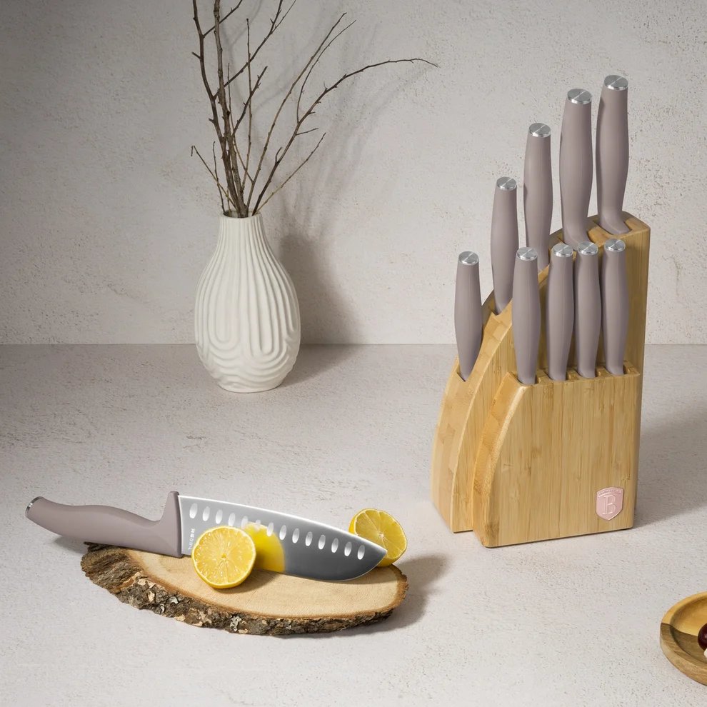 BerlingerHaus Bloque de cuchillos Taupe 10 piezas - Cuchillo de chef, Cuchillo de pan, Cuchillo Santoku, Cuchillo de oficina, Cuchillo pelador & 4 cuchillos de steak