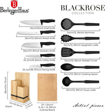 BerlingerHaus Bloque de Cuchillos con Set de Utensilios de Cocina & Tabla de Cortar Negro Roségold - 12 piezas
