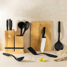 BerlingerHaus Bloque de Cuchillos con Set de Utensilios de Cocina & Tabla de Cortar Negro Roségold - 12 piezas