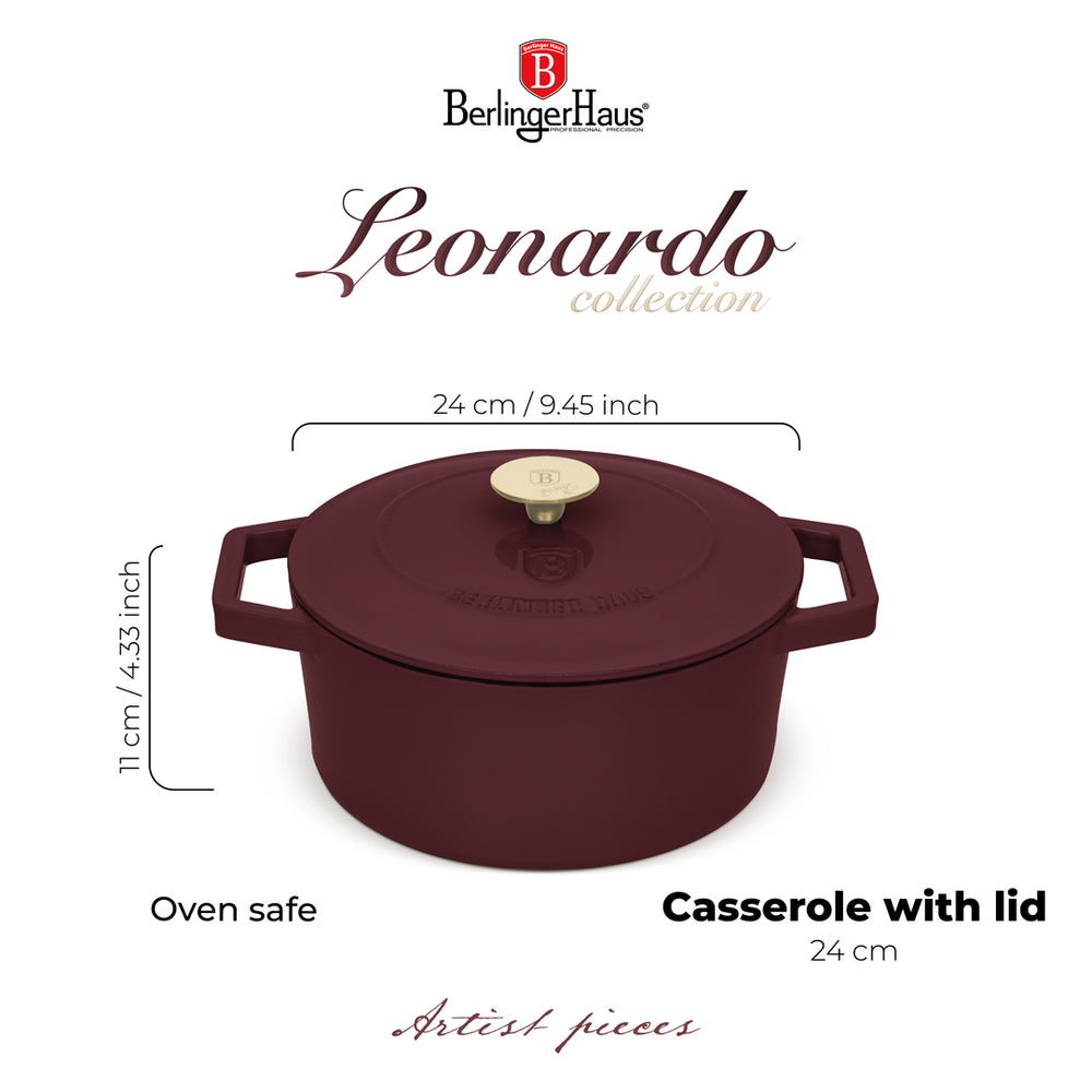 BerlingerHaus Cacerola Mat Burdeos - Hierro Fundido - ø 24 cm - apta para todas las fuentes de calor - capa antiadherente esmaltada