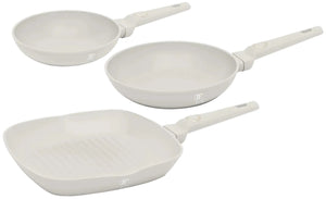 BerlingerHaus Set de Sartenes Mate Crema 3 Piezas - Sartén ø 20 & 24 cm, Sartén Grill 28 cm - Apta para todas las fuentes de calor