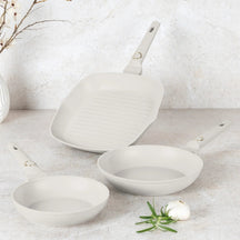 BerlingerHaus Set de Sartenes Mate Crema 3 Piezas - Sartén ø 20 & 24 cm, Sartén Grill 28 cm - Apta para todas las fuentes de calor