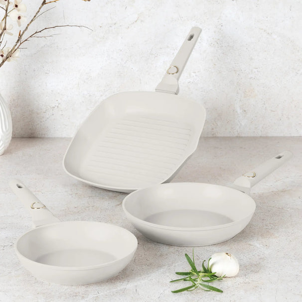 BerlingerHaus Set de Sartenes Mate Crema 3 Piezas - Sartén ø 20 & 24 cm, Sartén Grill 28 cm - Apta para todas las fuentes de calor