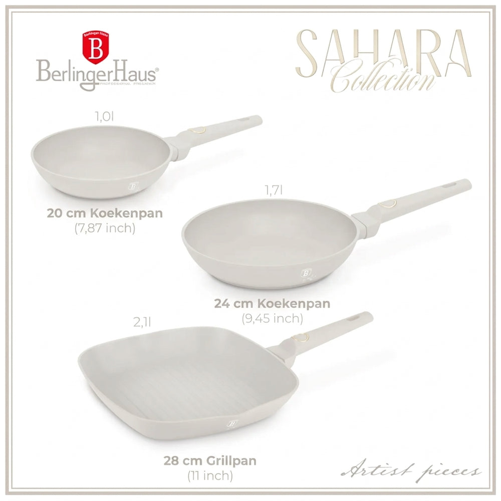 BerlingerHaus Set de Sartenes Mate Crema 3 Piezas - Sartén ø 20 & 24 cm, Sartén Grill 28 cm - Apta para todas las fuentes de calor