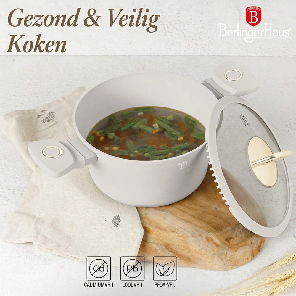 BerlingerHaus Set de Sartenes Mate Crema 7 Piezas - Olla ø 20, 24, 28 cm & Sartén ø 20, 24 cm - apto para todas las fuentes de calor