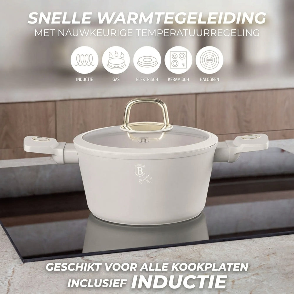 BerlingerHaus Set de Sartenes Mate Crema 7 Piezas - Olla ø 20, 24, 28 cm & Sartén ø 20, 24 cm - apto para todas las fuentes de calor