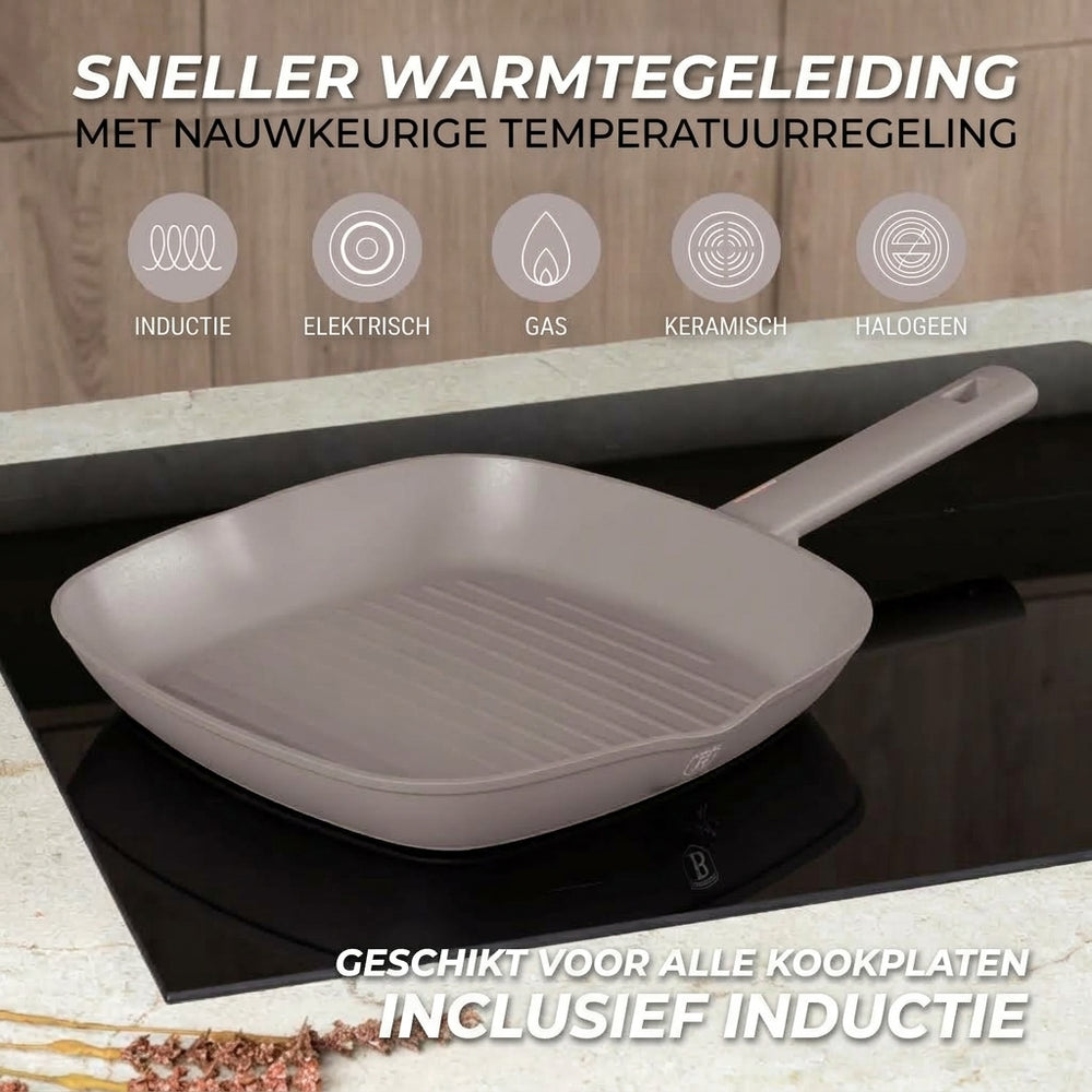 BerlingerHaus Set de Sarten Taupe 3 Piezas - Sartén ø 20 & 24 cm, Parrilla 28 cm - Apta para todas las fuentes de calor