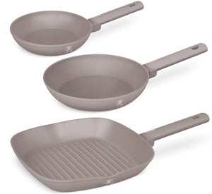 BerlingerHaus Set de Sarten Taupe 3 Piezas - Sartén ø 20 & 24 cm, Parrilla 28 cm - Apta para todas las fuentes de calor