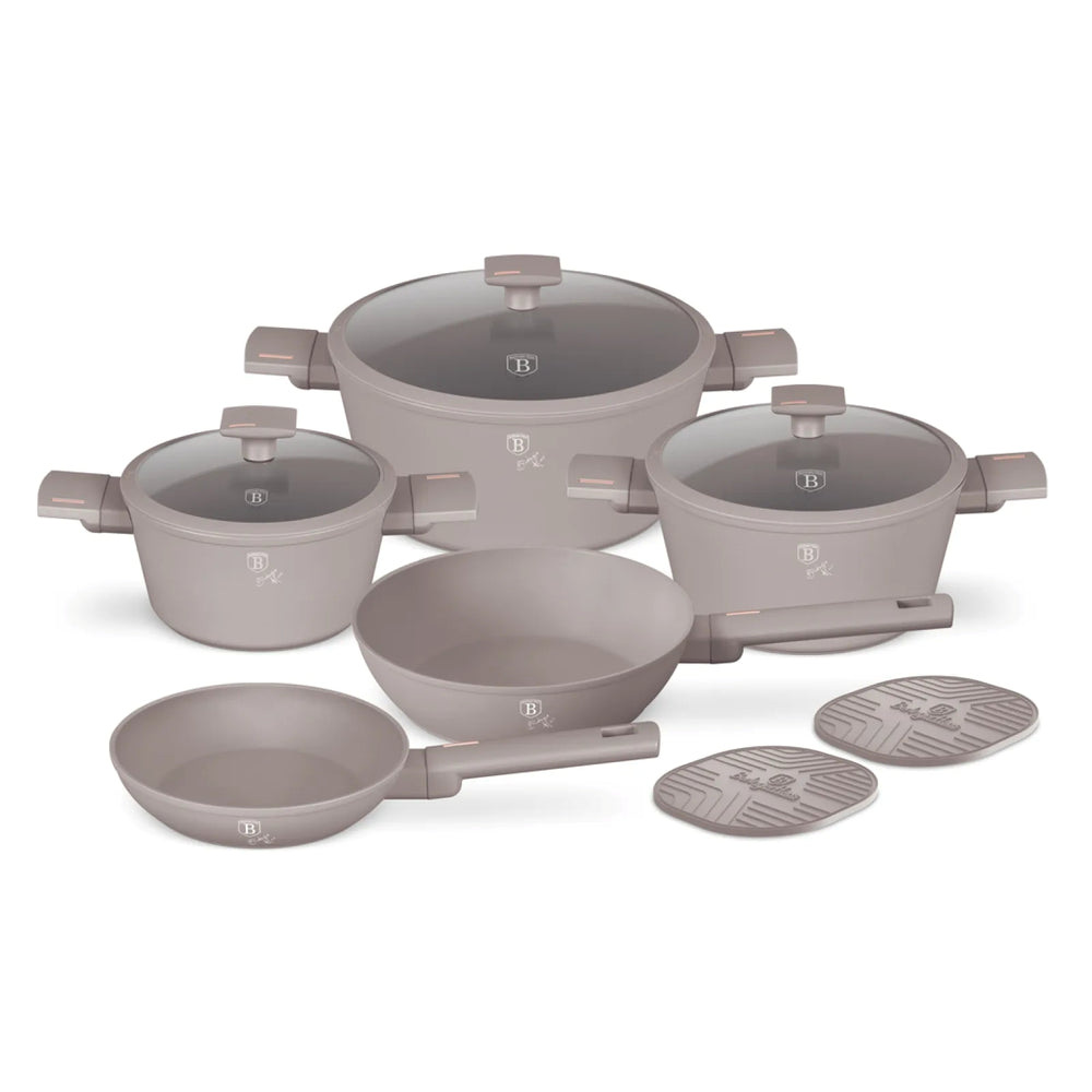 BerlingerHaus Set de Sarten Taupe 7 Piezas - Olla ø 20, 24, 28 cm & Sartén ø 20, 24 cm - apto para todas las fuentes de calor