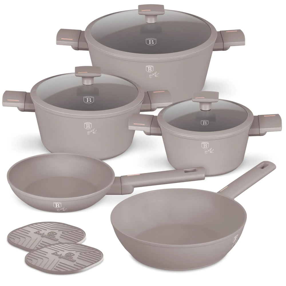 BerlingerHaus Set de Sarten Taupe 7 Piezas - Olla ø 20, 24, 28 cm & Sartén ø 20, 24 cm - apto para todas las fuentes de calor