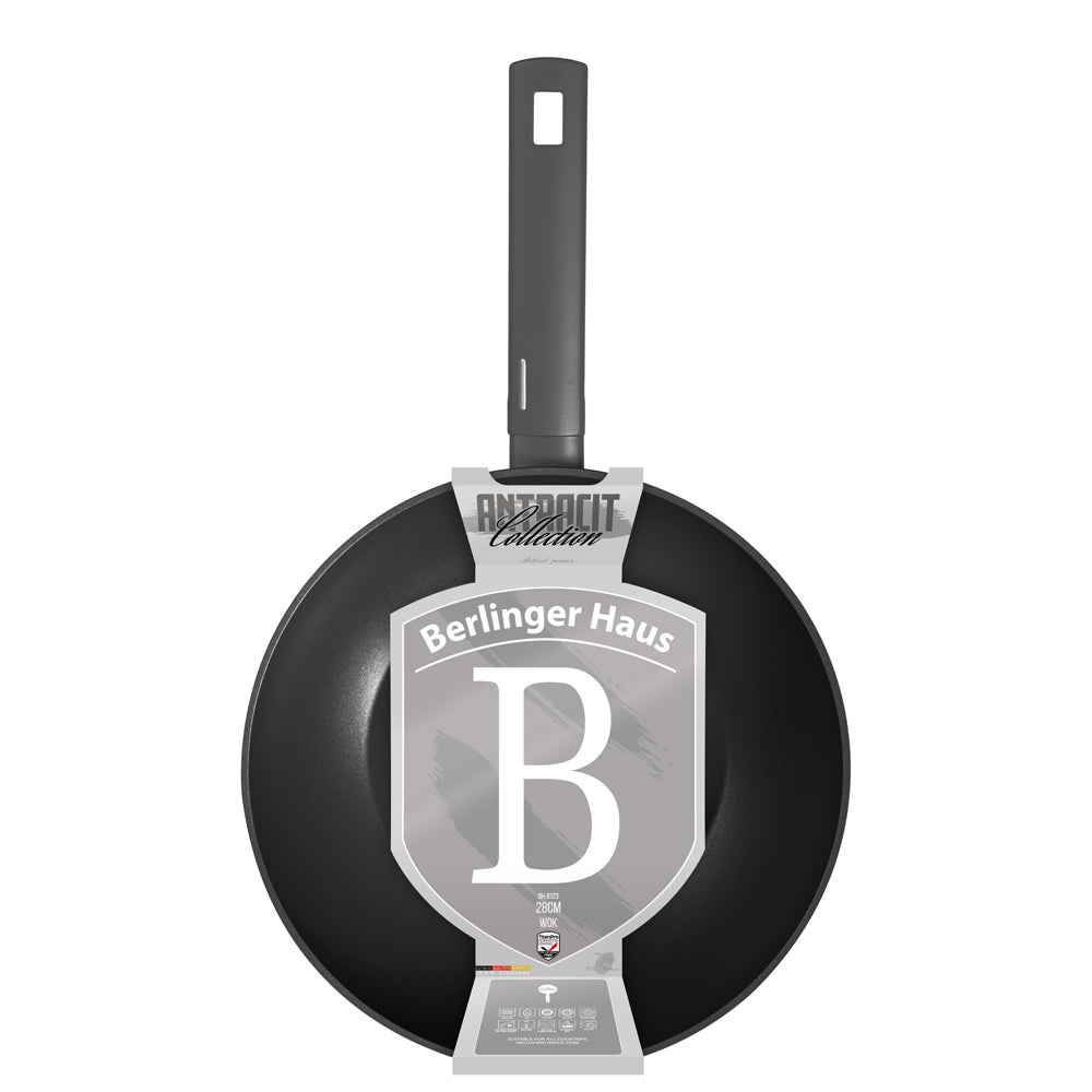 BerlingerHaus Wokpan Matte Antraciet ø 28 cm - adecuado para todas las fuentes de calor - revestimiento antiadherente estándar