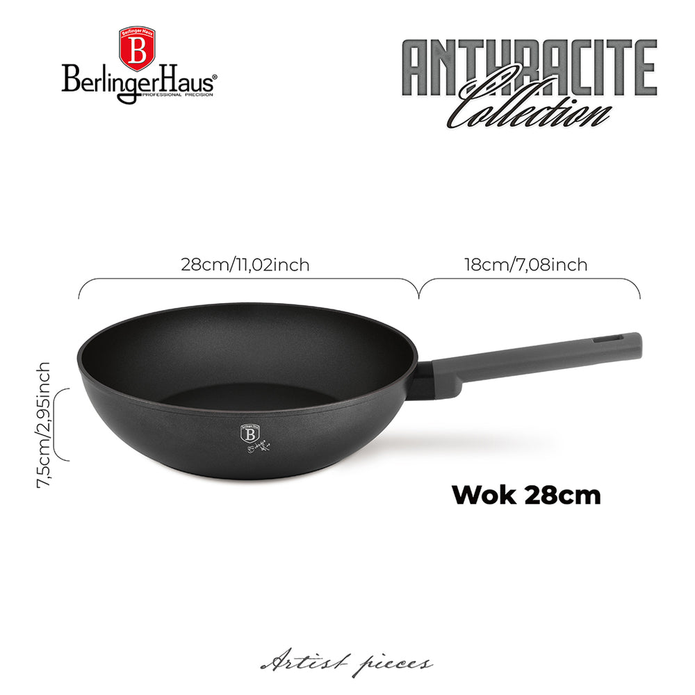 BerlingerHaus Wokpan Matte Antraciet ø 28 cm - adecuado para todas las fuentes de calor - revestimiento antiadherente estándar