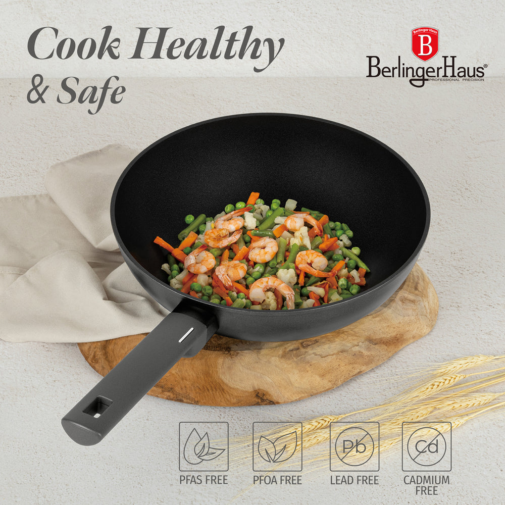 BerlingerHaus Wokpan Matte Antraciet ø 28 cm - adecuado para todas las fuentes de calor - revestimiento antiadherente estándar