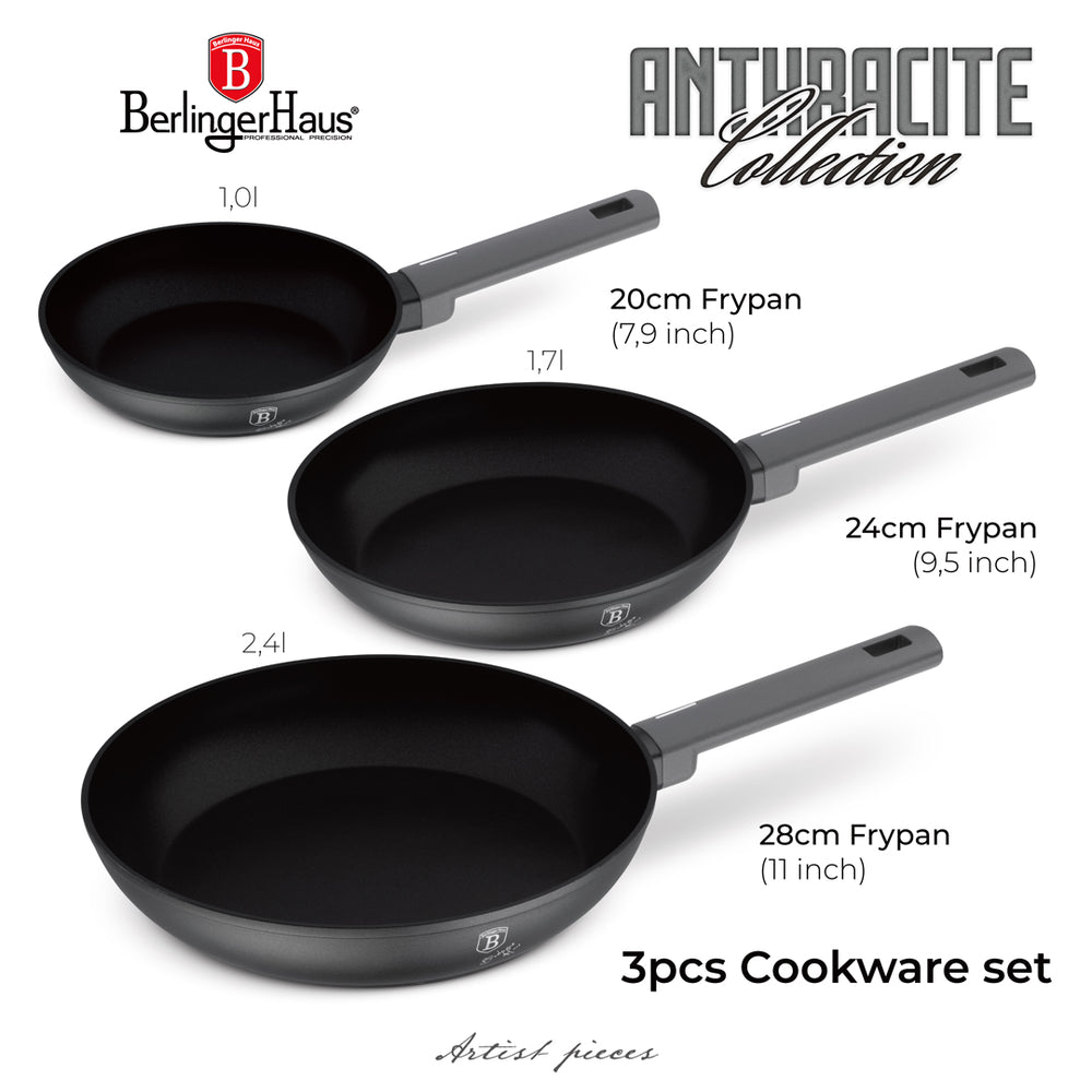 BerlingerHaus Set de Sartenes Mate Antracita 3 Piezas - ø 20, 24 & 28 cm - apto para todas las fuentes de calor - recubrimiento antiadherente estándar