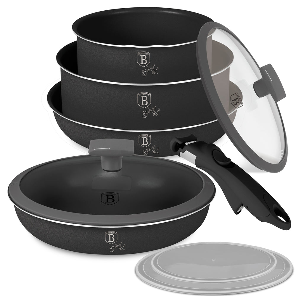 BerlingerHaus Set de Sartenes Click-it Mat Antracita 6 piezas - Olla ø 16 & 20 cm, Sartén ø 20 & 24 cm - apto para todas las fuentes de calor