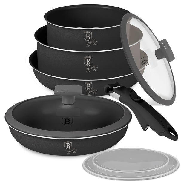 BerlingerHaus Set de Sartenes Click-it Mat Antracita 6 piezas - Olla ø 16 & 20 cm, Sartén ø 20 & 24 cm - apto para todas las fuentes de calor