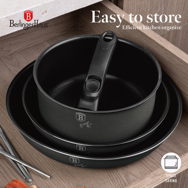 BerlingerHaus Set de Sartenes Click-it Mat Antracita 6 piezas - Olla ø 16 & 20 cm, Sartén ø 20 & 24 cm - apto para todas las fuentes de calor