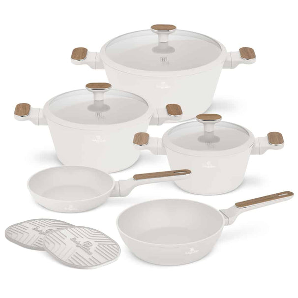 BerlingerHaus Set de Sartenes Nordic Mat Crème 7 Piezas - Cacerola ø 20, 24, 28 cm & Sartén ø 20, 24 cm - apto para todas las fuentes de calor