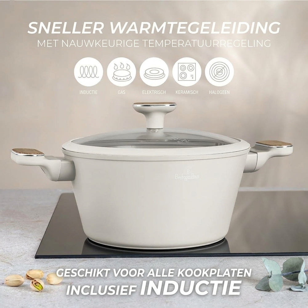 BerlingerHaus Set de Sartenes Nordic Mat Crème 7 Piezas - Cacerola ø 20, 24, 28 cm & Sartén ø 20, 24 cm - apto para todas las fuentes de calor