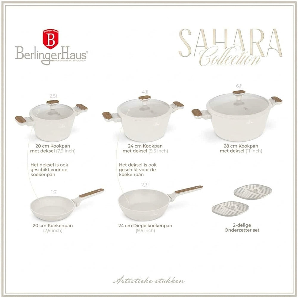 BerlingerHaus Set de Sartenes Nordic Mat Crème 7 Piezas - Cacerola ø 20, 24, 28 cm & Sartén ø 20, 24 cm - apto para todas las fuentes de calor