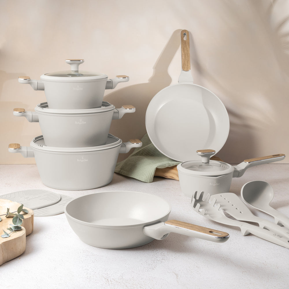 BerlingerHaus Set de Sartenes Nordic Mat Crème 11 Piezas - Olla ø 20, 24, 28 cm, Sartén ø 24, 28 cm & Cacerola ø 16 cm - apta para todas las fuentes de calor