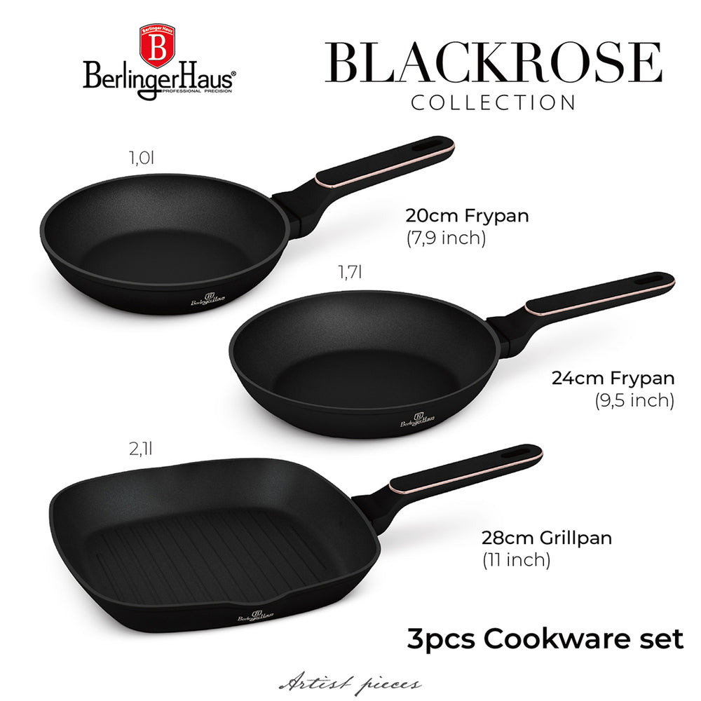 BerlingerHaus Set de Sartenes Negras y Rosadas 3 Piezas - ø 20, 24 & 28 cm - apto para todas las fuentes de calor - recubrimiento antiadherente estándar