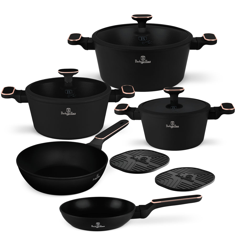 BerlingerHaus Juego de Sartenes Negro Rosa Oro 7 Piezas - Olla ø 20, 24, 28 cm & Sartén ø 20, 24 cm - apto para todas las fuentes de calor