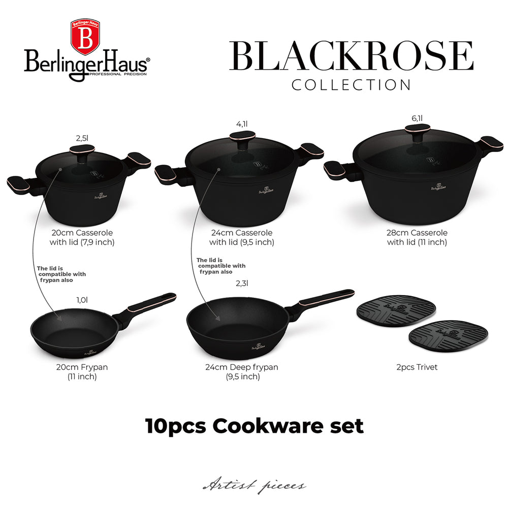 BerlingerHaus Juego de Sartenes Negro Rosa Oro 7 Piezas - Olla ø 20, 24, 28 cm & Sartén ø 20, 24 cm - apto para todas las fuentes de calor