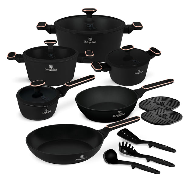 BerlingerHaus Set de Sartenes Negro Rosa Oro 11 Piezas - Olla ø 20, 24, 28 cm, Sartén ø 24, 28 cm & Cacerola ø 16 cm - apto para todas las fuentes de calor