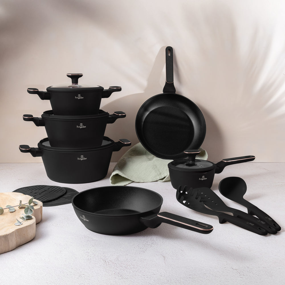 BerlingerHaus Set de Sartenes Negro Rosa Oro 11 Piezas - Olla ø 20, 24, 28 cm, Sartén ø 24, 28 cm & Cacerola ø 16 cm - apto para todas las fuentes de calor