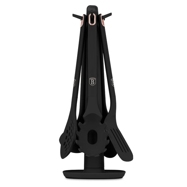 BerlingerHaus Set de Utensilios de Cocina con Soporte Negro Rosa Dorado - Silicona - 6 Piezas