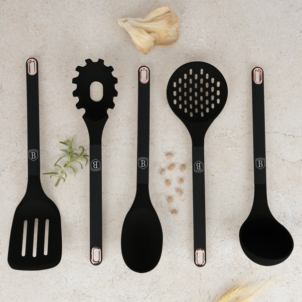 BerlingerHaus Set de Utensilios de Cocina con Soporte Negro Rosa Dorado - Silicona - 6 Piezas